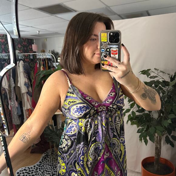 ICE V-Neck Paisley Satin Slip Mini Dress Purple Y2k - Picture 5 of 5